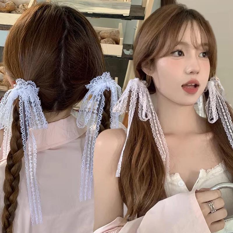 Summer Sweet Cute White Lace Ribbon Bow Hair Clip for Women Girls Hairpins Long Ribbon Barrettes Fashion Headwear Accessories