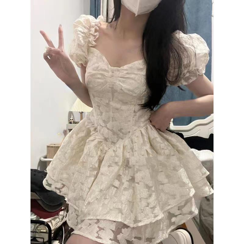 Ezgaga Dresses Women Floral V Neck Puff Sleeve Korean Fashion Slin Sexy Mini Dress Puffy Ball Gown Fairy Ladies Elegant