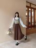 Korean Style Pleated A-Line Skirt for Women, High Waist, Slimming, Plus Size, Medium Long, Apricot - Autumn/Winter.