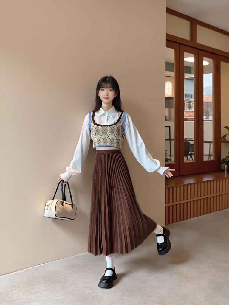 Korean Style Pleated A-Line Skirt for Women, High Waist, Slimming, Plus Size, Medium Long, Apricot - Autumn/Winter.
