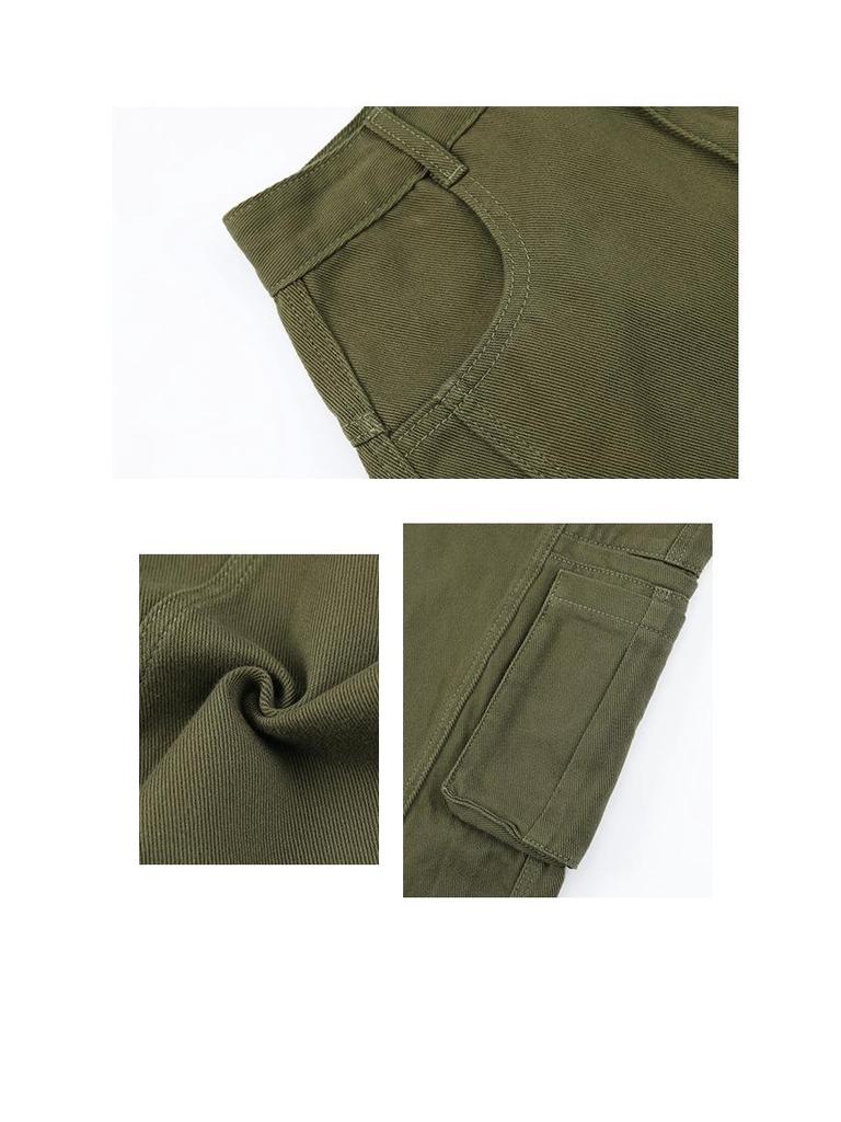 Women's Army Green Loose Cargo Jeans - Spring Style, Slim Fit, Wide Leg, Large Pockets