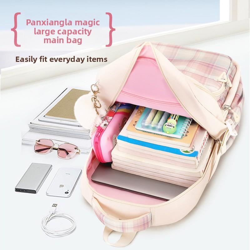 Cute Plaid School Backpack for Girls Primary Middle School Bags Lightweight Waterproof Backpack Large-Capacity Student Backpack