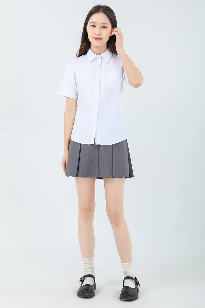 School Short Square Shirt With Pocket [Sharphon] Girls' Shirt, Sleeve, Collar, Plain, Cotton, Top,
