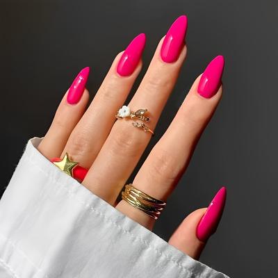 24pcs Glossy Medium Almond Shape Fake Nails, Solid Color Press On Nails, Summer Rose Red Full Cover False Nails For Women Girls