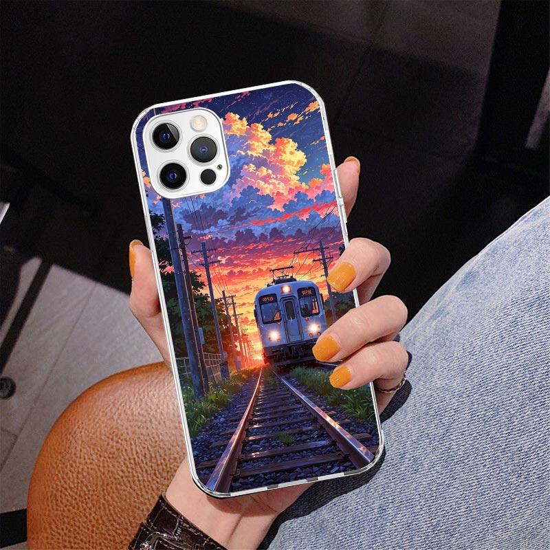 Retro Japanese Sakura Train Phone Case For iPhone 17 Air 16 Pro Max 16E 15 + 14 Plus 11 12 13 Mini 7 8 SE Gift Print Cover Funda