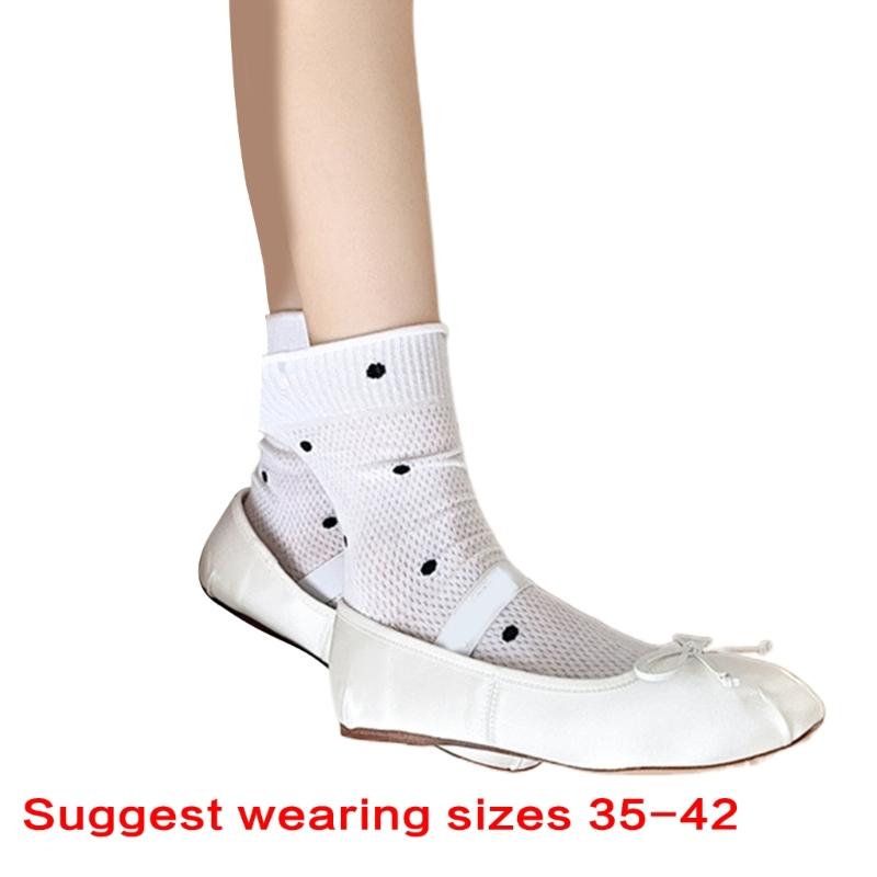 Womens Japanese Vintage Dots Pattern Cotton Middle Tube Calf Socks Hollow Out Breathable Mesh Thin Roll Cuffs Crew Socks