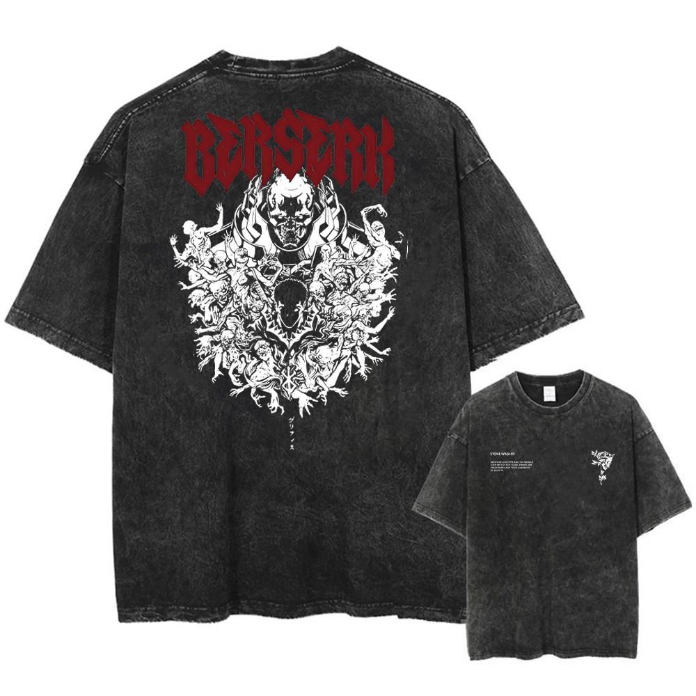 Anime Berserk Guts Acid Tshirt Retro Vintage Washed Graphic Tees Men Harajuku Cotton Casual Short Sleeve Tshirt Tops Unisex
