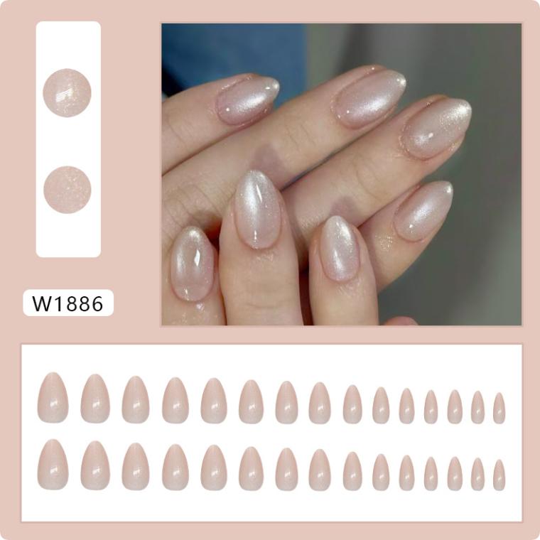 Fashion Pink Glitter French Press On Nails Short Round Fake Nails Reusable Nail Tips Women Manicure Accessories