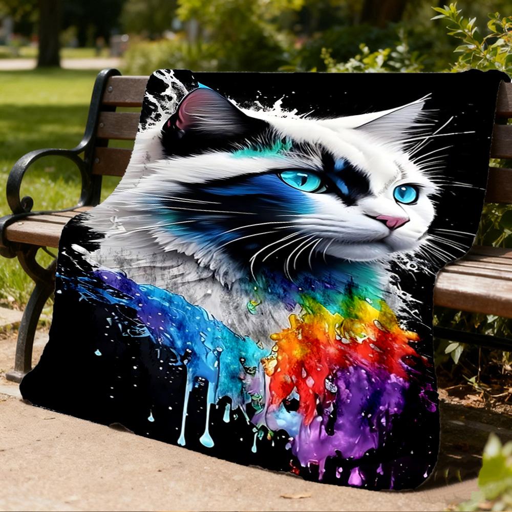 1pc Colorful Cat Outdoor Blanket - Soft Flannel Cozy for Travel & Camping - All-Season Warm Bed Cover, Machine Washable yy251229082