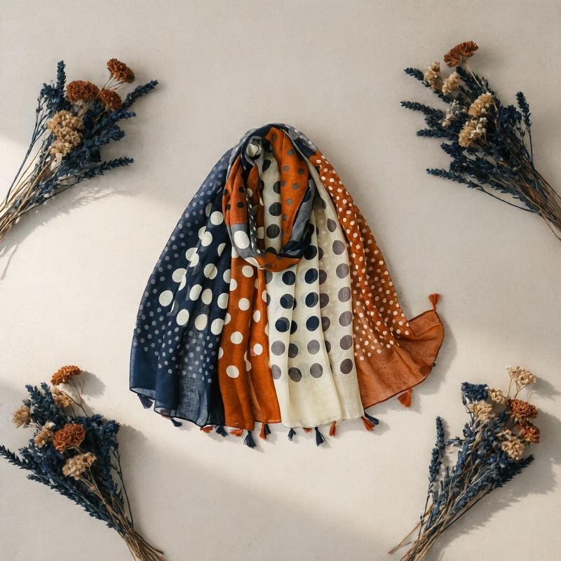 French-style vintage polka dot patchwork color-block scarf for women, holiday-style shawl, versatile tassel silk scarf