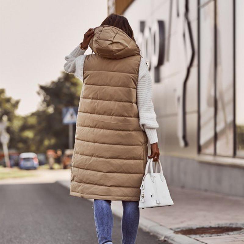 European and American Solid Color Hooded Single Breasted Mid Length Cotton Jacket Vest Slimming Temperament Cardigan Jacket Top