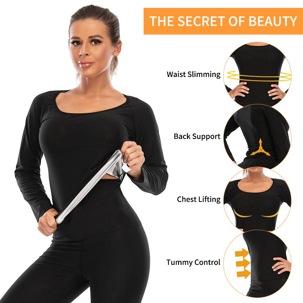 Dam Bastu Sweatdräkter Långärmad Träning Shapewear Thermo Sweat Shirt Midjeträningsjacka Body Shaper Fitness Linne Träning Sport Underkläder