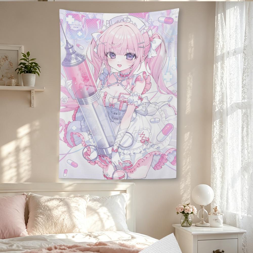 Kawaii Anime Nurse Girl Wall Tapestry Sweet Cute Manga Print Wall Hanging Aesthetic Dorm Bedroom Living Room Home Background
