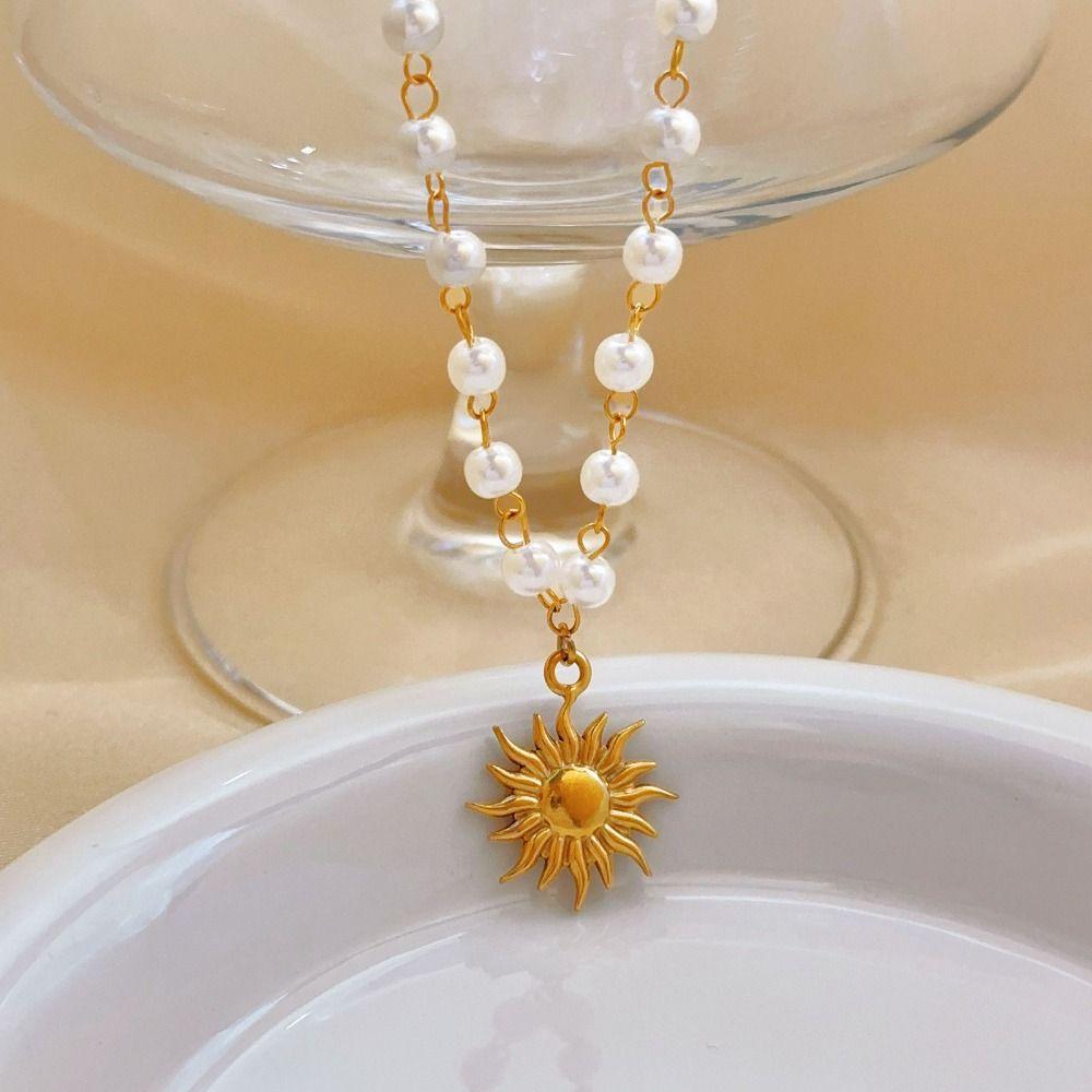 Gold Sun Pendant Necklace Waterproof Fashion Neck Chain New Pearl Beads Necklace For Women
