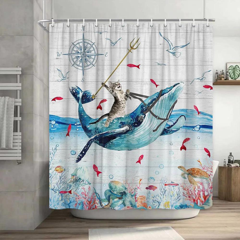 Funny Shower Curtain Brave Cat Cartoon Shower Curtain Waves Ocean Decor Fabric Shower Curtain Set with Hooks Bathroom Decoration