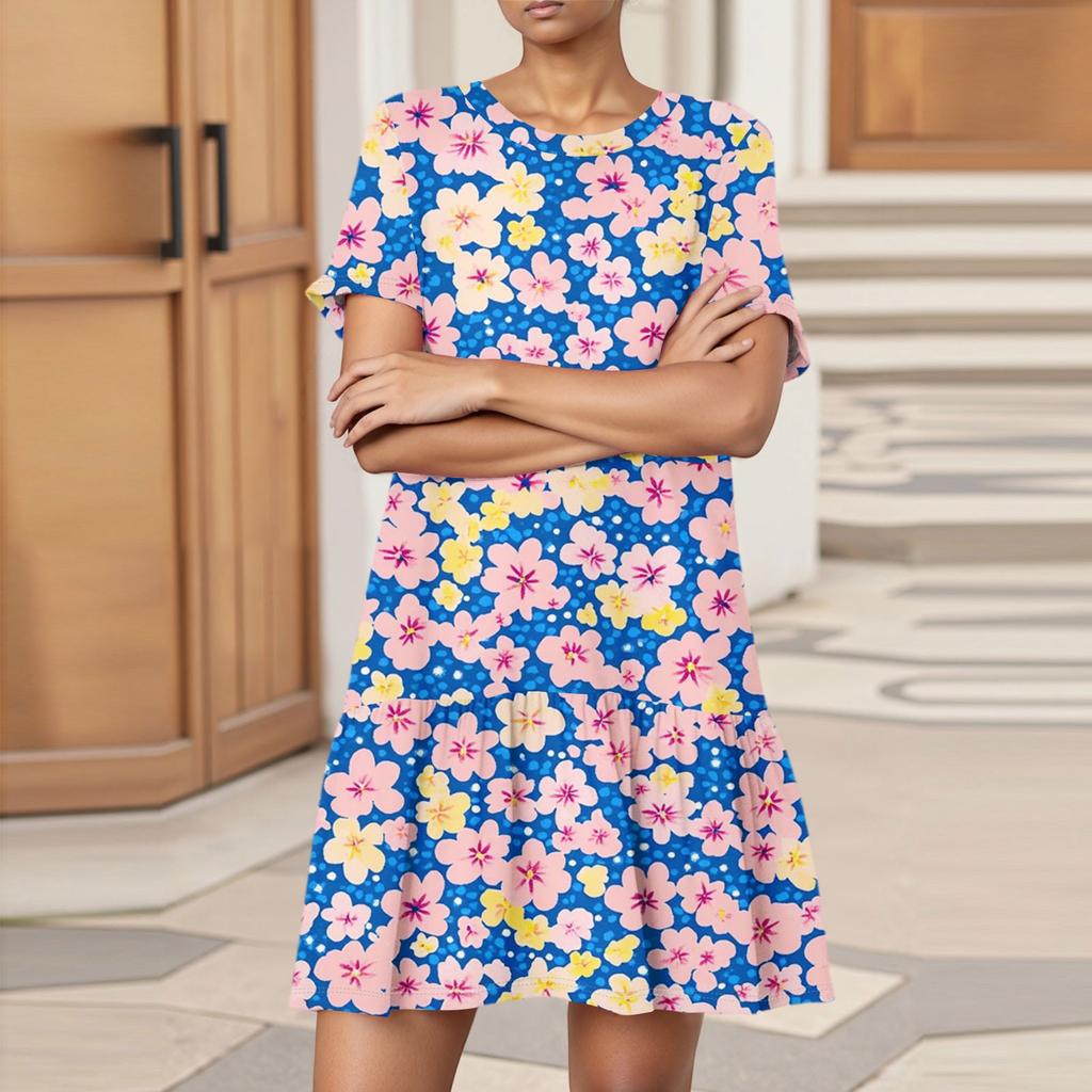 Women's Fashion Casual Round Neck Short Sleeve  Leaf Floral Print Dress