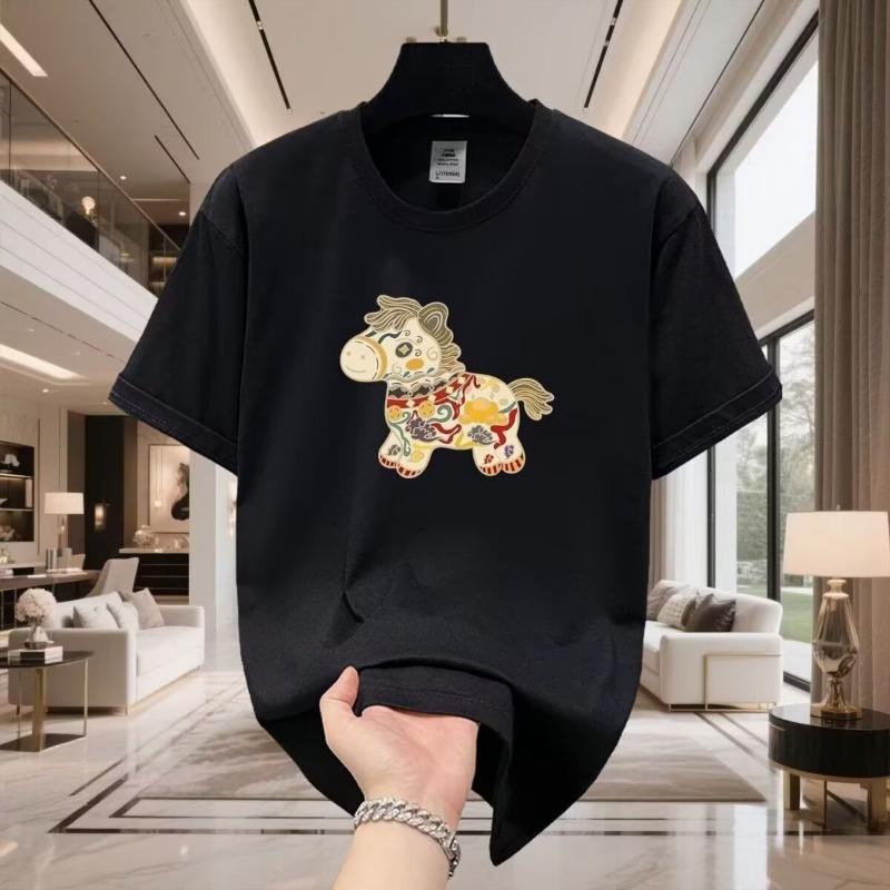 Mens Cartoon Horse Print Crew Neck Casual Short Sleeve Daily T Shirt S чёрный