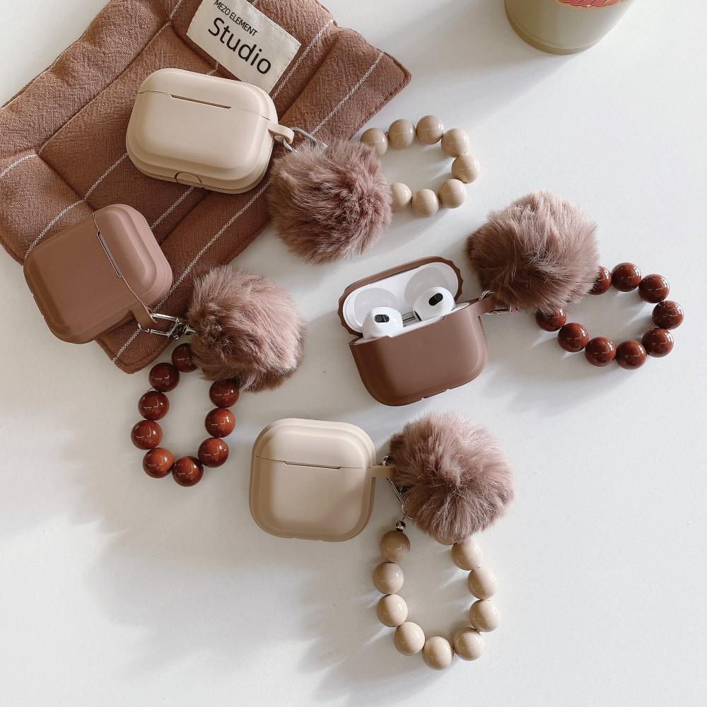 For Apple AirPods Pro 3 Case Milk tea Caramel Black Colour For AirPods 4 3 2 1 Pro2 Pro Headphones Shell With Fur BallBead Chain