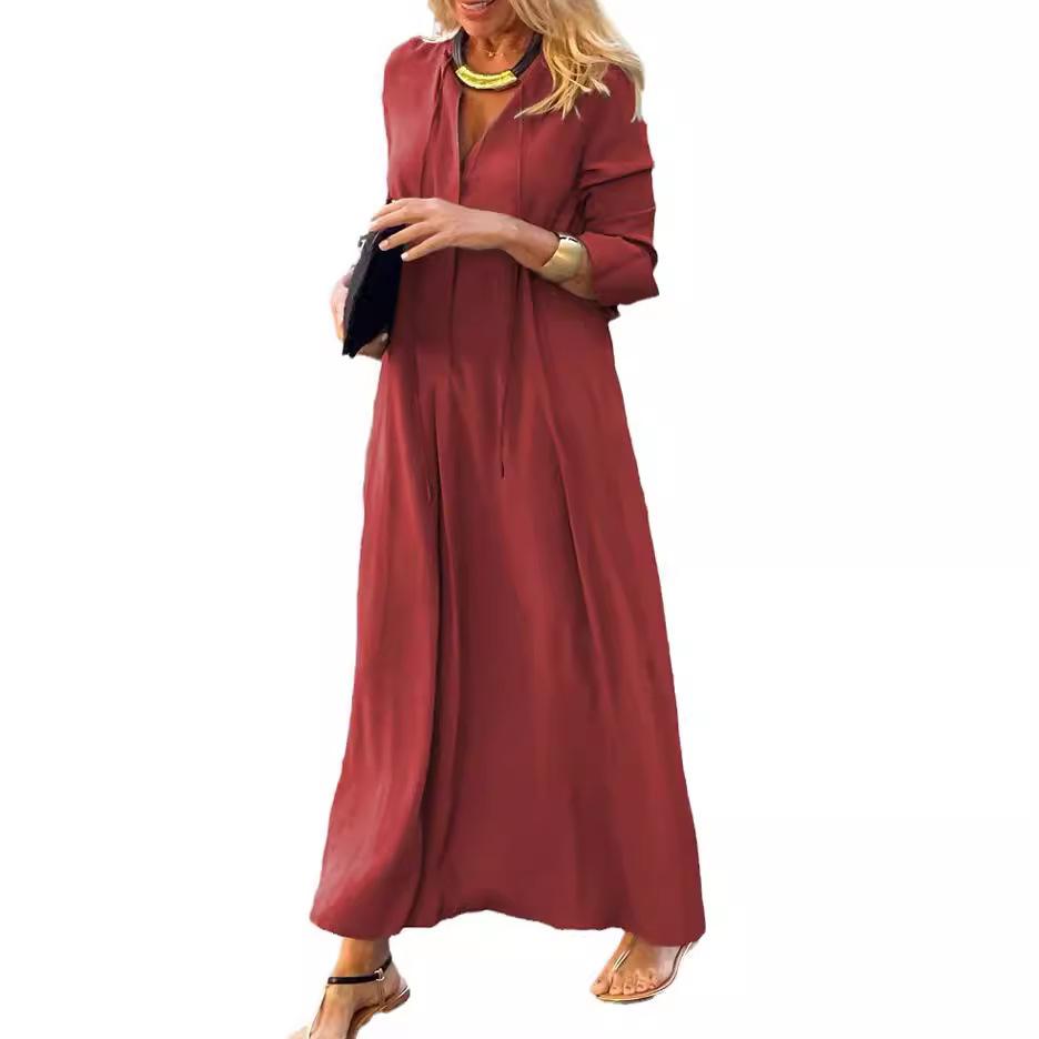 2025 European & American V-Neck Solid Color Long Sleeve Casual Dress for Autumn/Winter