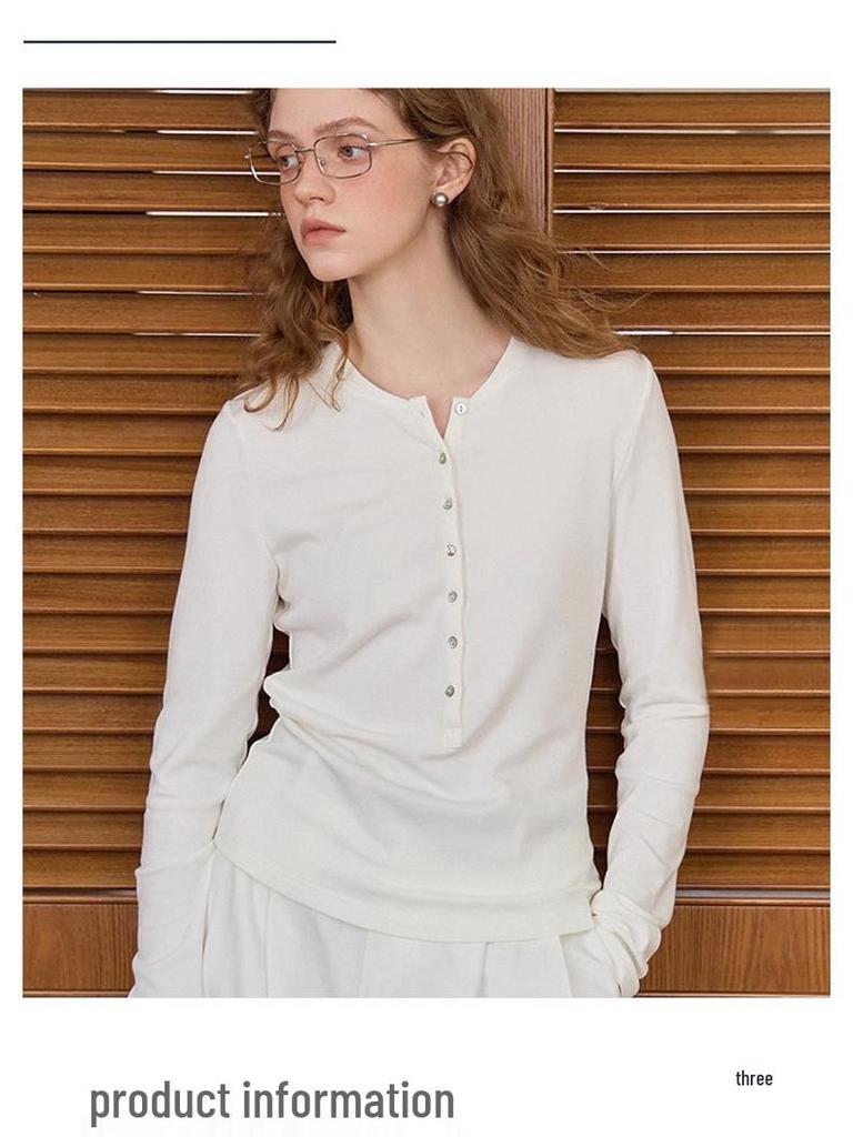 Dámská vlněná pletená košile s dlouhým rukávem a límečkem Henry, úzký střih