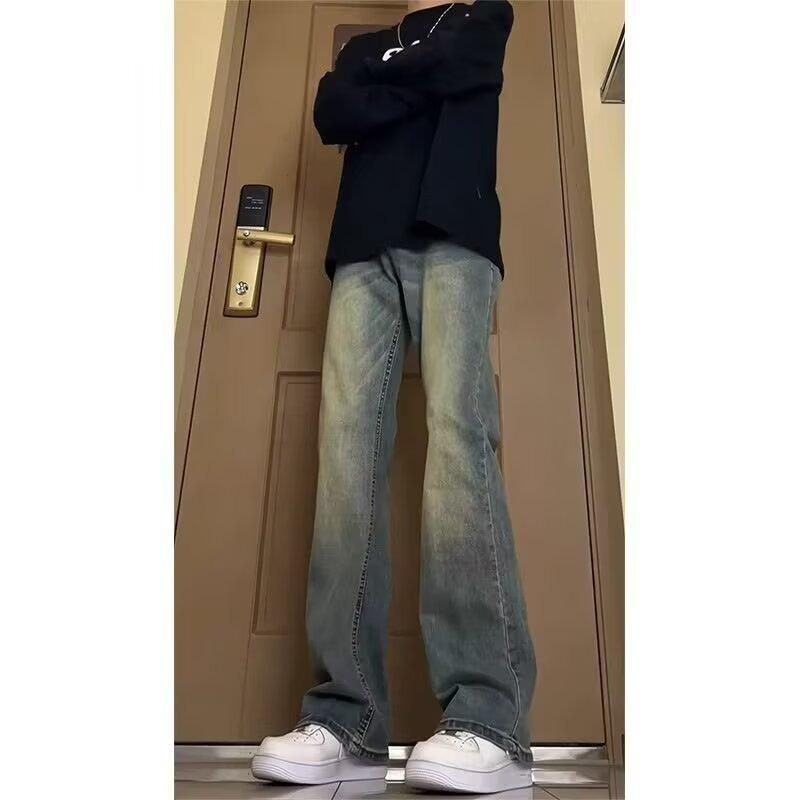 New lazy quality semi-elastic velvet retro blue straight jeans fashion micro-elastic casual mid-waist