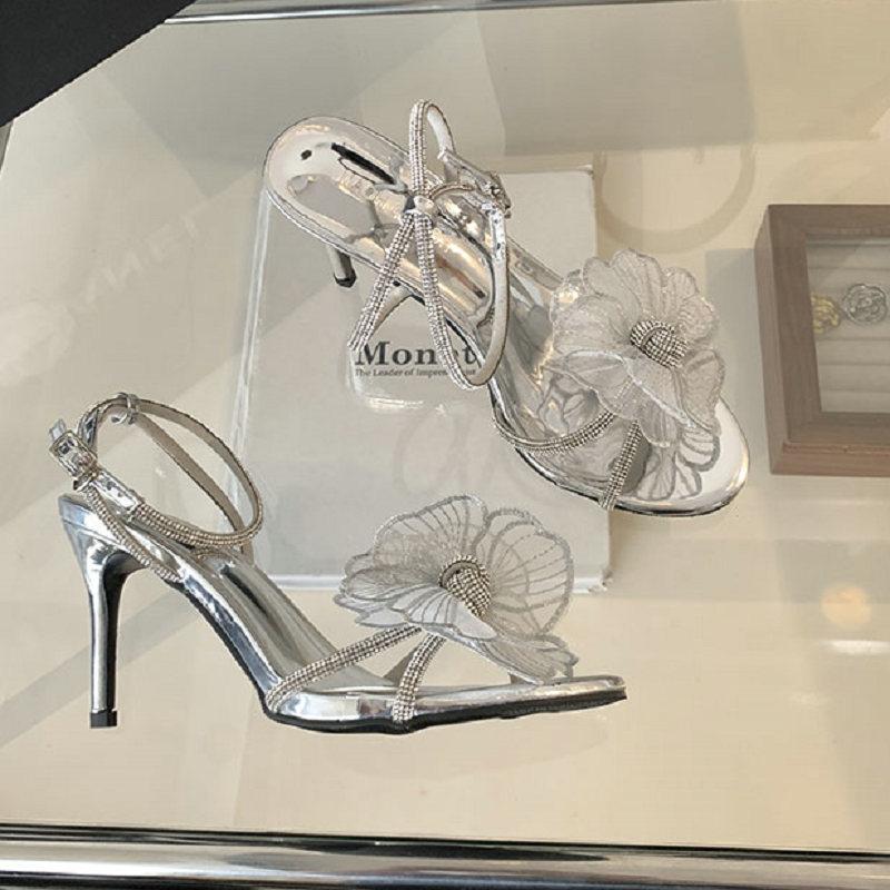 Fashion 2025 New Leisure Rhinestone Square Buckle Baotou Extra Wide Hollow Sandals Pointed Head High Heel Single Shoes Women