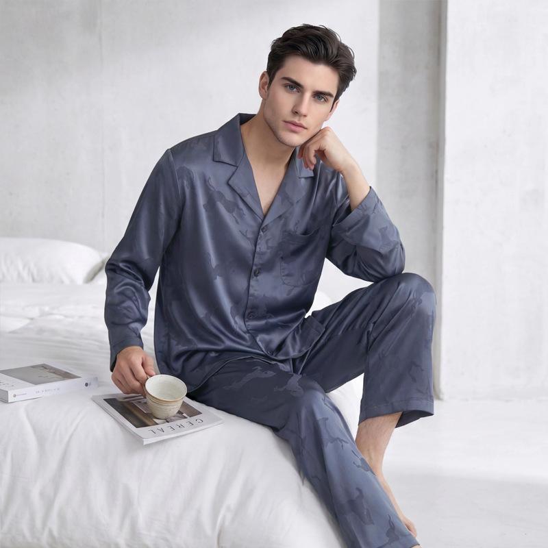 Ice silk pajamas men's spring and summer jacquard horse simulation silk long-sleeved trousers set simple thin loose loungewear