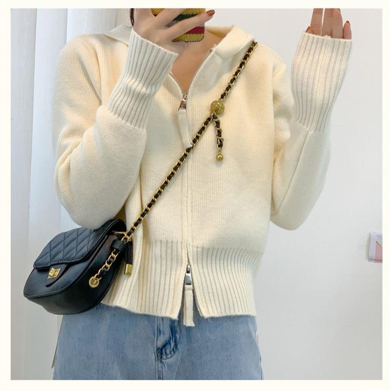 Damski krótki kardigan z kapturem, wiosna i jesień, nowy styl, luźny, podwójny zamek błyskawiczny, dzianinowy sweter