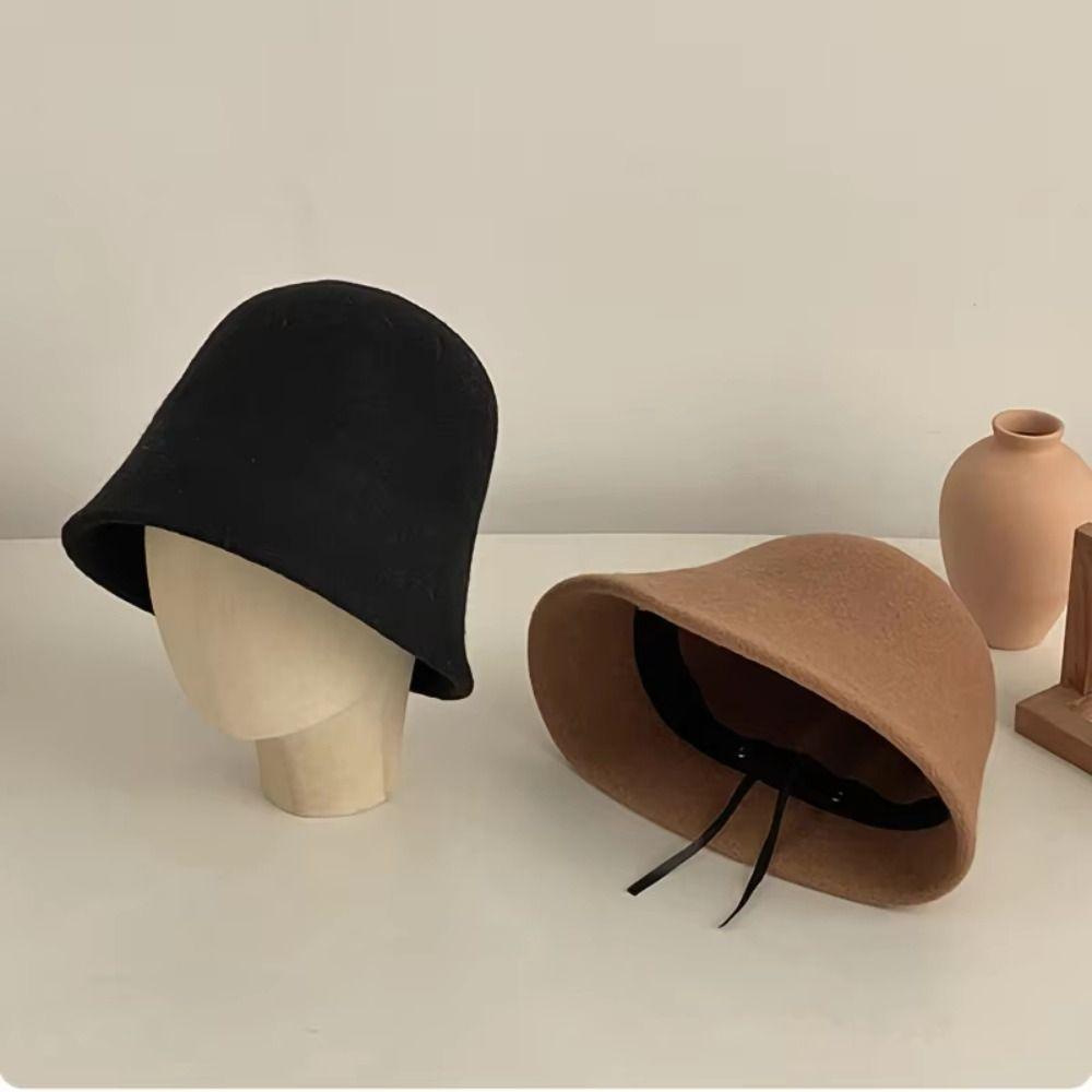 Windproof Wool Fisherman Hat Solid Color Fedora Hat Fashion Basin Hat  Women