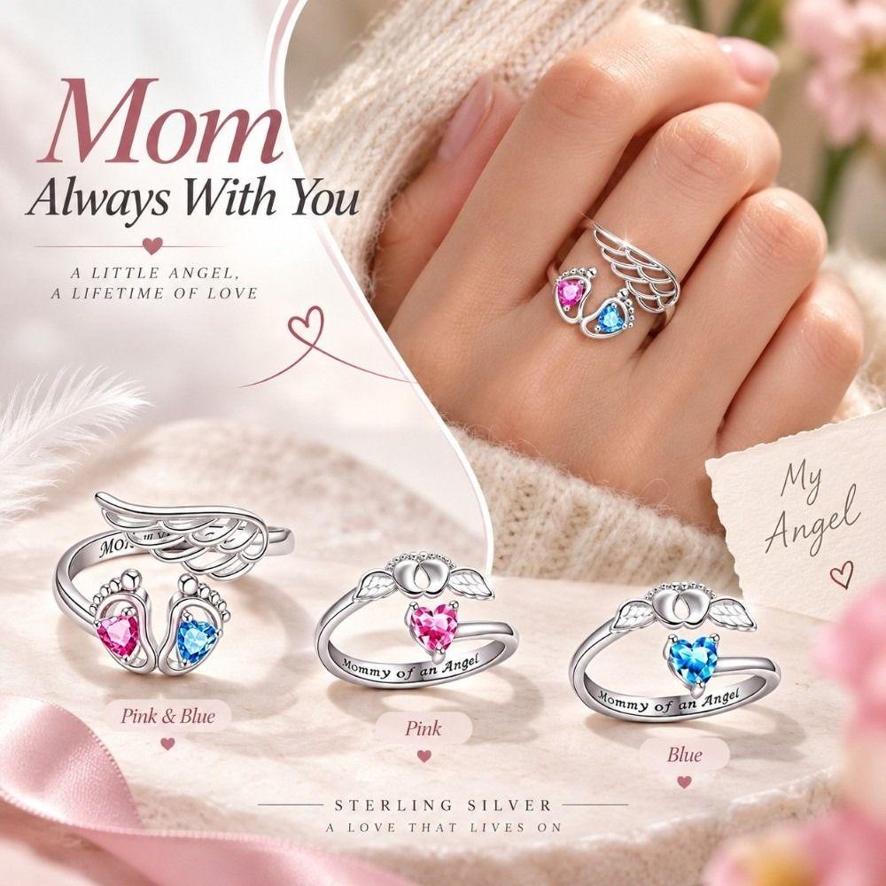 Rhinestone Embellished Angel Footprint Wing Ring Adjustable Fashion Band Mom Daughter Gift