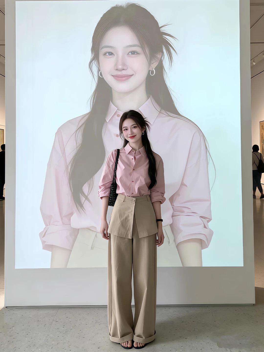 

Korean Style Pink Shirt & Wide-Leg Pants Fashion Set - 2026 Spring M (100-110 lbs)