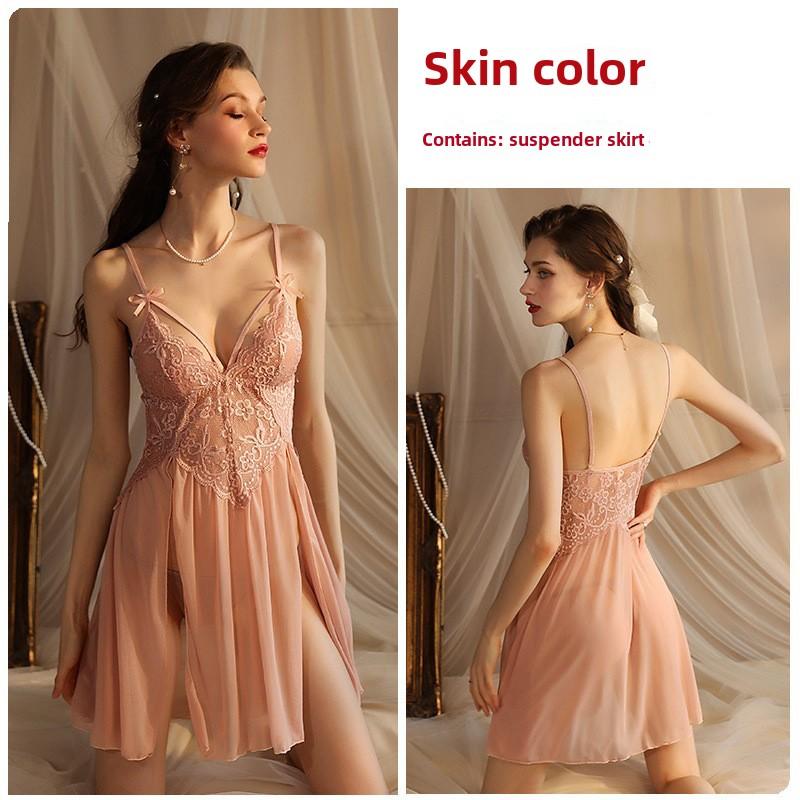 Sexy sukně na šle s průhlednými pyžamy s bočním rozparkem, roztomilou mašlí a síťovanou noční košilkou