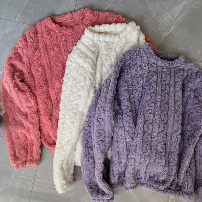 Damen Kuscheliger Korallenfleece Pyjama: Dicker warmer Samt, Unifarben, Rundhalsausschnitt, Große Größen für Herbst und Winter.
