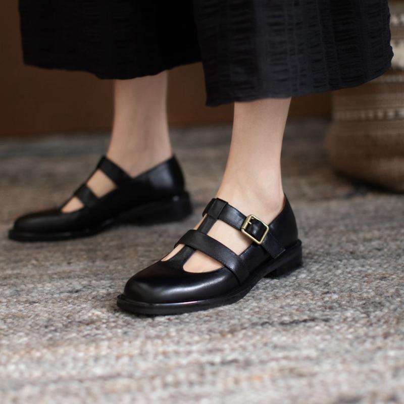 Fashion NEW Spring/Autumn Women Pumps Genuine Leather Shoes for Women Round Toe Low Heel Shoes Buckle Strap Shallow Mary Janes Shoes