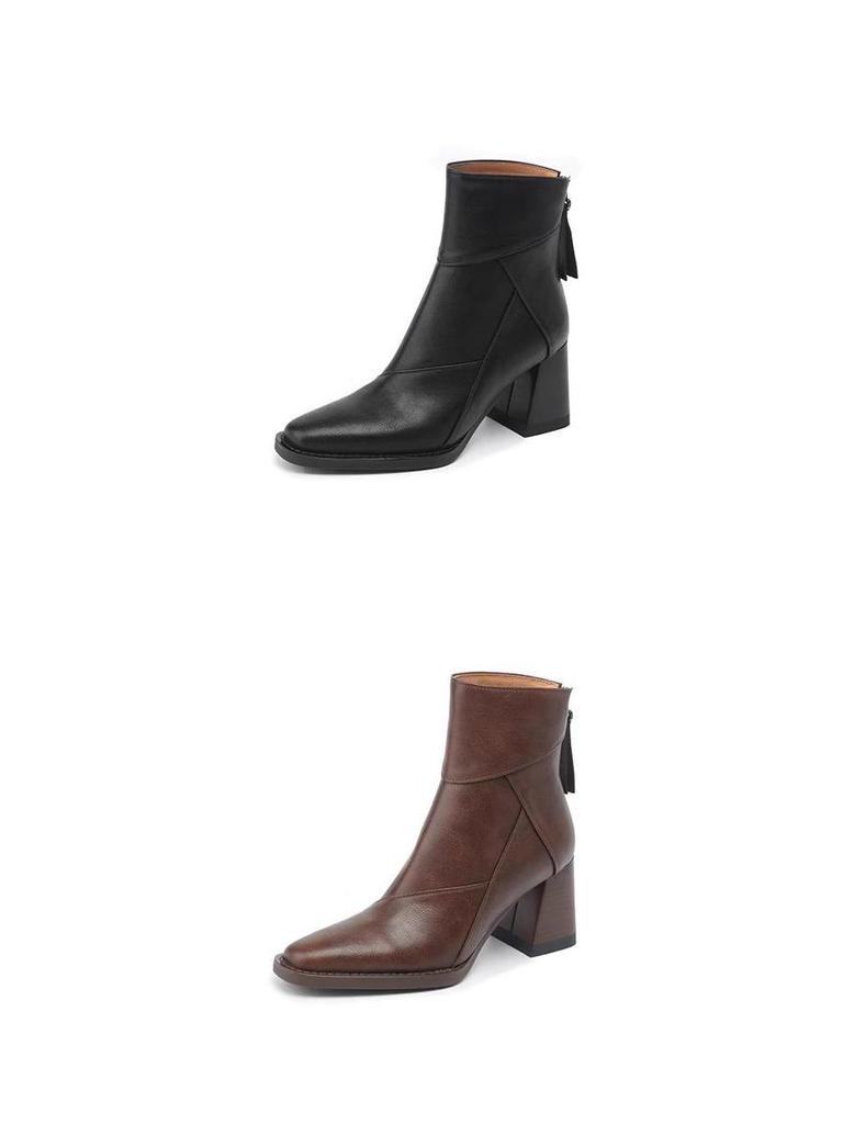 Women's Vintage Brown Chunky Heel Ankle Boots, 2025 Autumn/Winter Martin Style with Back Zipper High Heel.