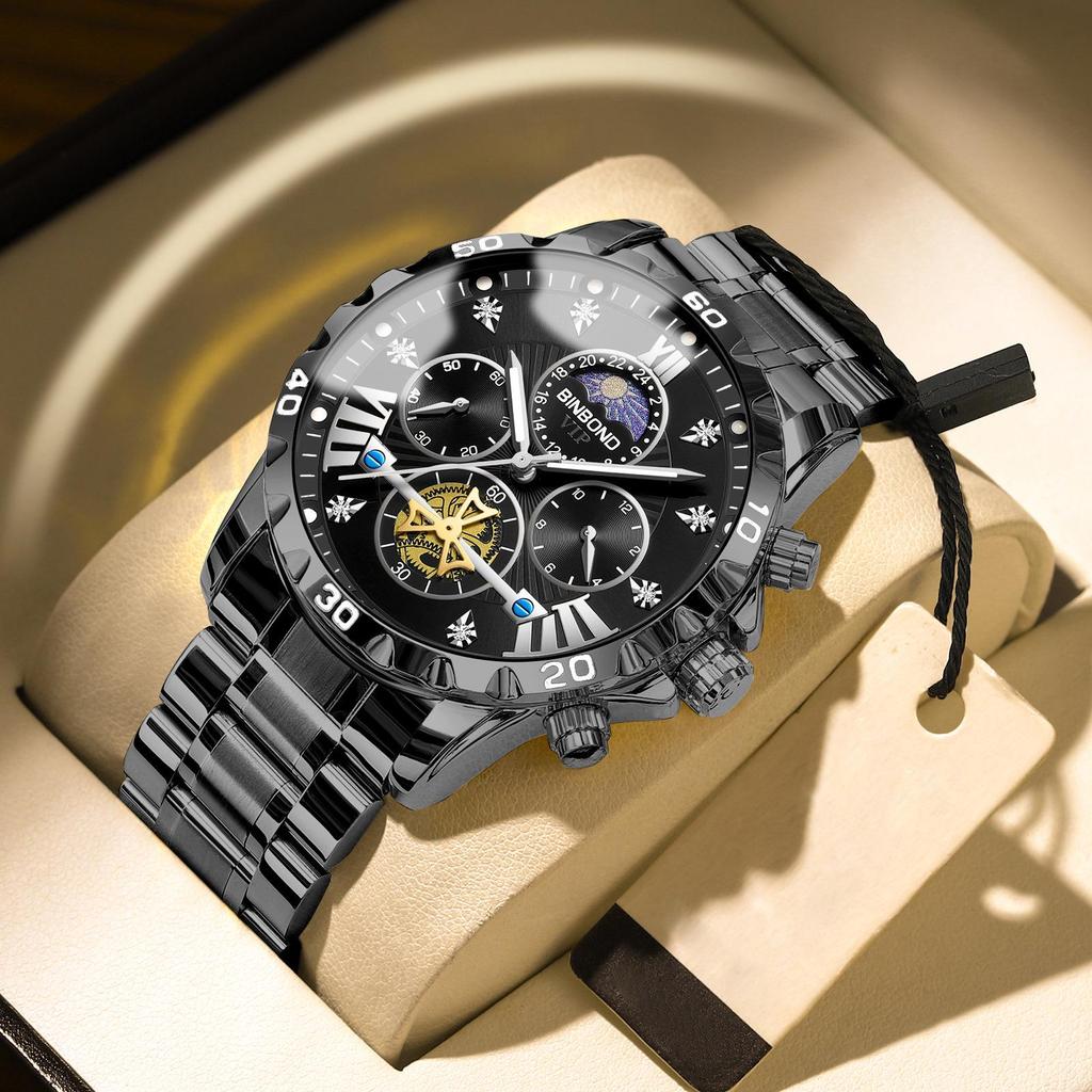 Binbang BINBOND Men's Luminous Waterproof Quartz Flywheel Watch - Genuine Business and Student Style, High-End Design.