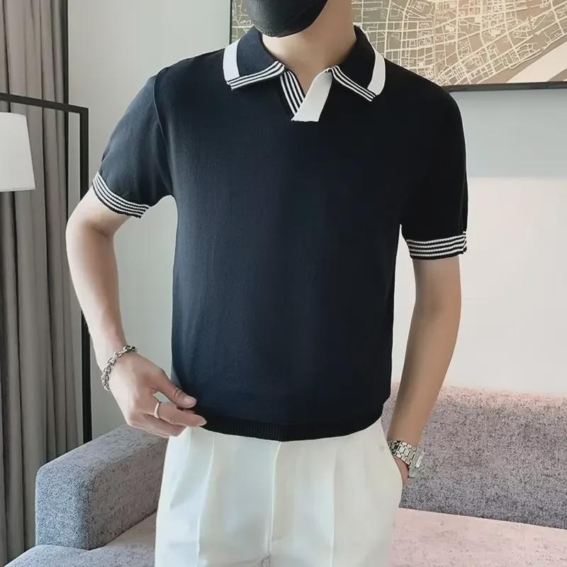 2024 Summer High-Quality Contrast Color Slim V-Neck Ice Silk Polo Shirt