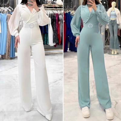 Women Formal Jumpsuit Pleated Lantern Sleeve Turn-down Collar V Neck Rhinestone Buckle Decor Wide Leg High Waist Pure Color OL Commuting Outfit