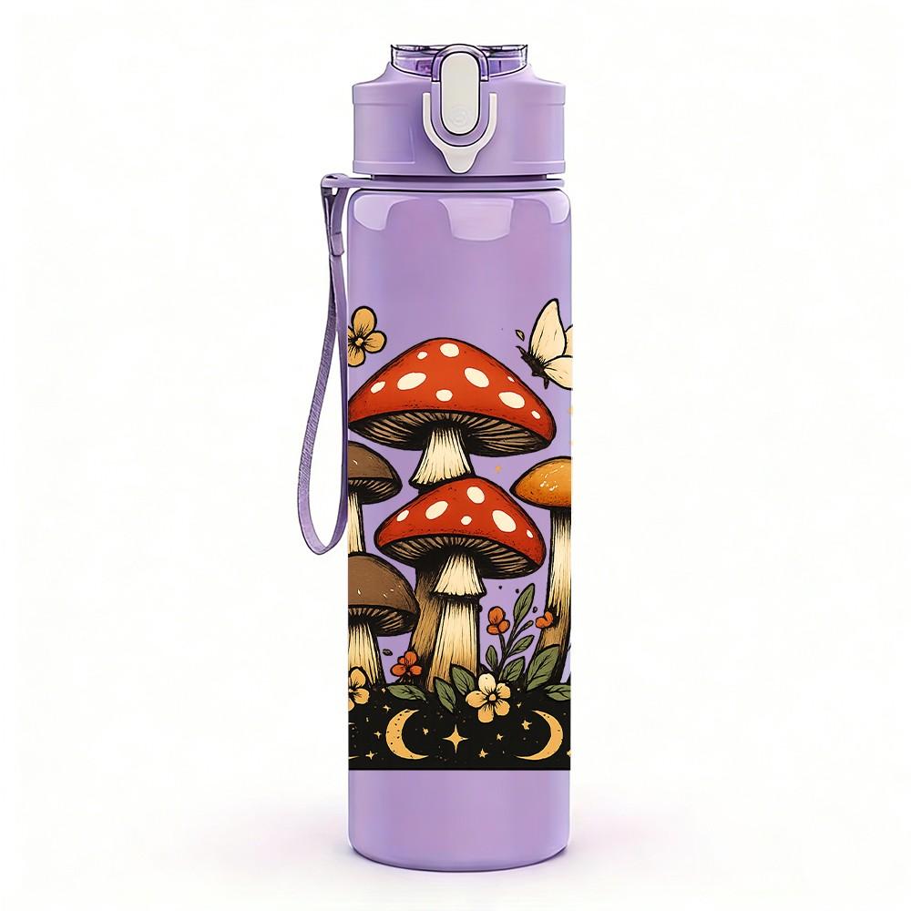 1PC Wild Mushroom Forest Scene Print 750ml Color Plastic Sports Water Bottle Leakproof Flip Straw Lid For Sports Office Home Use