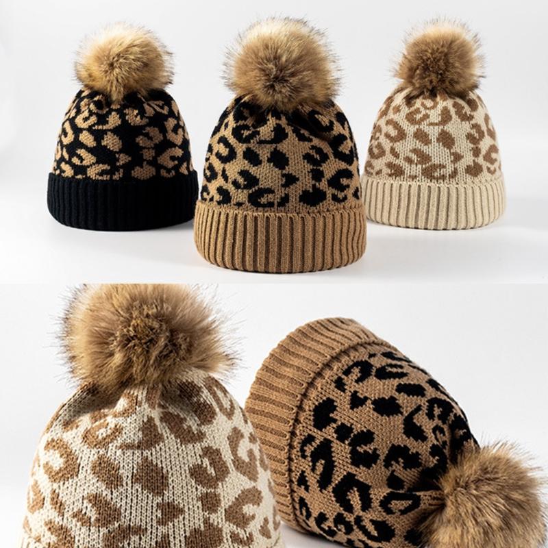 Leopard-print Knitted Wool Cap Soft Stretch Thick Knitted Cap Women Beanie for Cold Weather Winter Warm Accessories