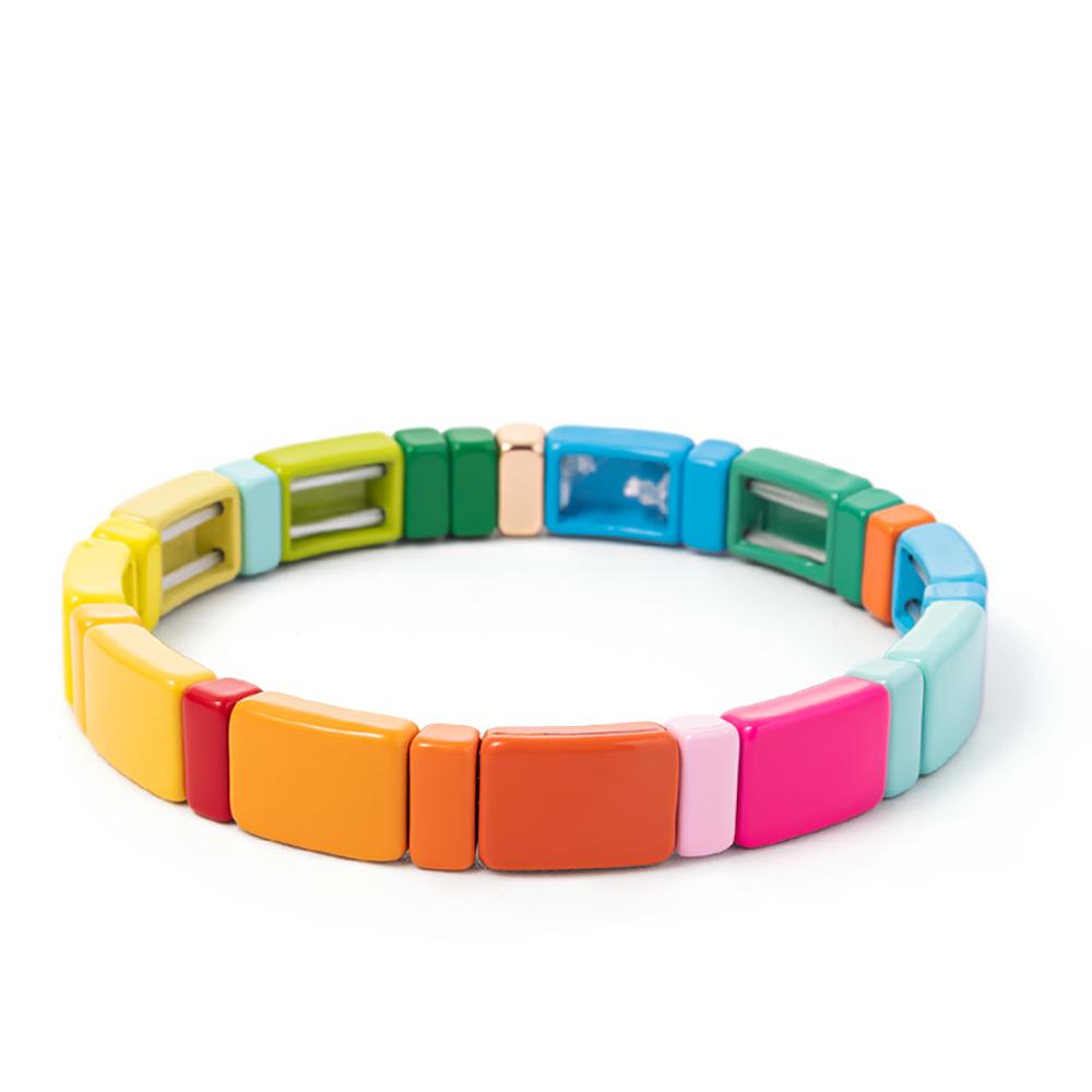 New Fashion Deil Eye Enamel Bangle for Women Colorful Beaded Boho Rectangle Shape Hand Accessory