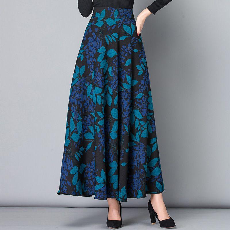 Herbst- und Winterrock Damen Ethnischer Stil Druck Hoher Bund A-Linie Rock Mittellang Großer Schwingender Rock Tanzender Winterrock