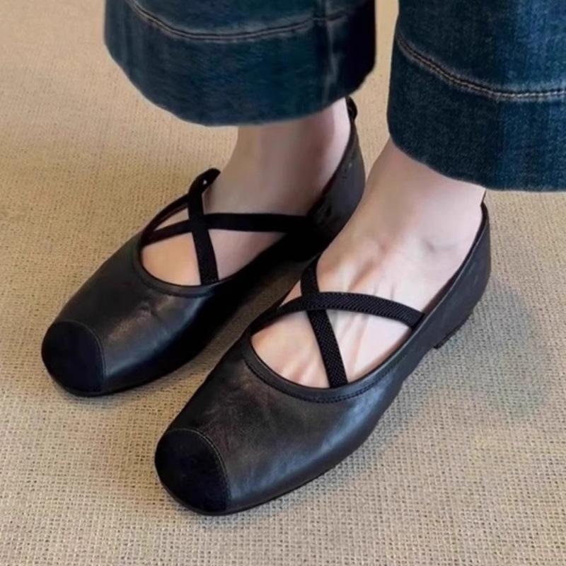 Weiche Lederversion~ Französische flache Ballerinas mit gekreuzten Riemen, neue superweiche Retro-Mary-Jane-Einzelschuhe mit leichtem Ausschnitt für Damen.