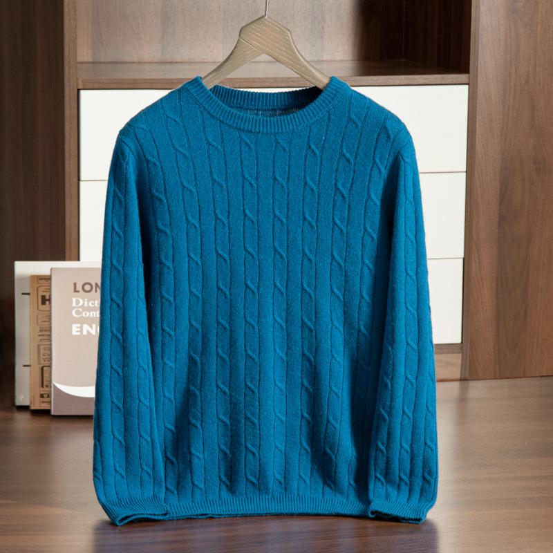 Men's Cashmere Crew Neck Sweater - Thick Cable Knit, Business Casual Loose Fit.