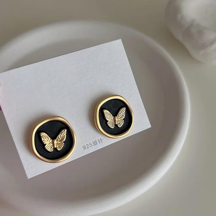 Matte Gold Butterfly Wing Drop Earrings With Black Enamel Irregular Round Statement Jewelry Gift For Women