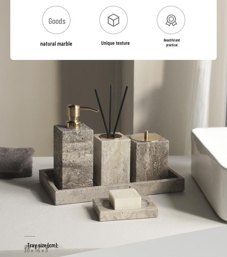 Set da Bagno Travertino Grigio Argento Wabi-Sabi: Vassoio e Decorazione per Lavabo.