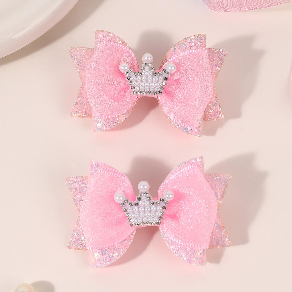 2Pcs Sweet Tulle Barrette Hair Bow Clip Sparkly Glitter Pigtails Hair Clip with Pearl Crown Headdress Kids