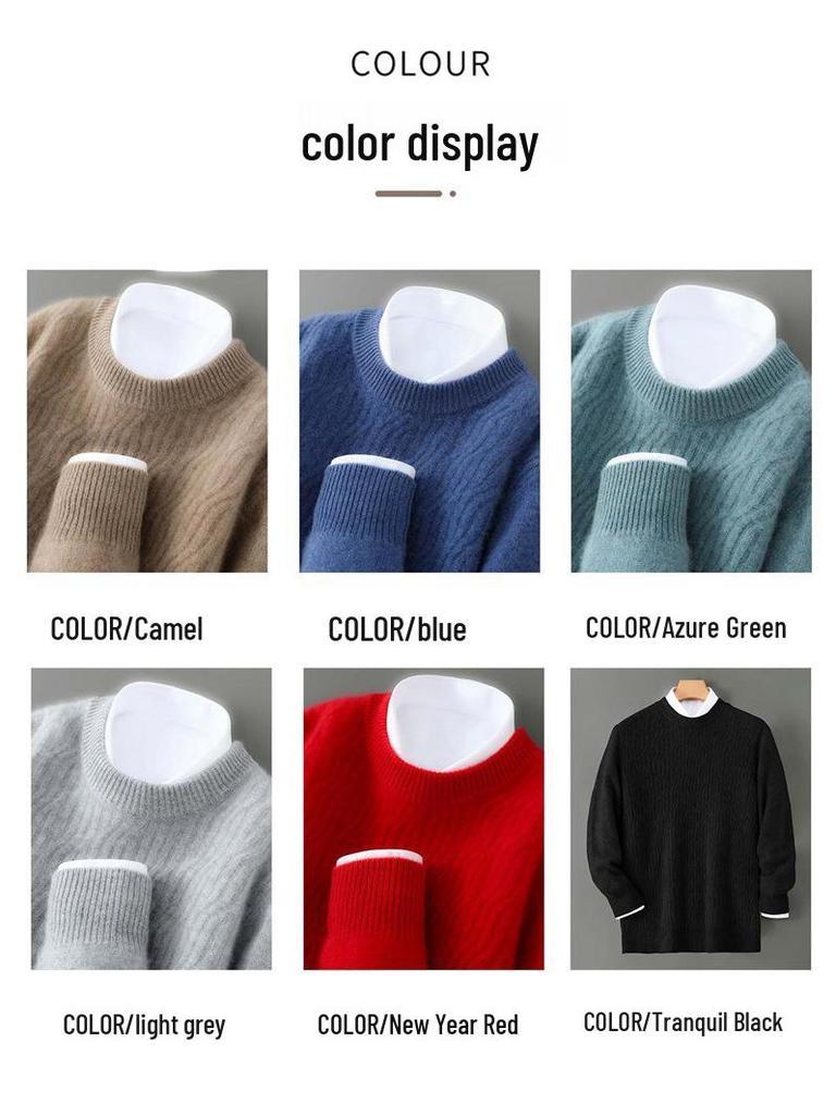 Pánský zimní svetr s kulatým výstřihem ze 100% čisté vlny - Jednobarevný kašmírový svetr, Ležérní obchodní pletený základní vrstva