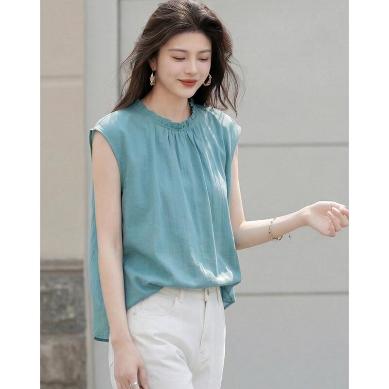 Demana Women's Ruffle Cap Sleeve Ramie Lyocell Blend Shirt