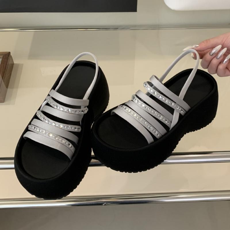 Bling Rhinestone Thick-Soled Open Toe Women Sandals 2025 Summer Fashion Design Retro Roman Ankle Strap Women Beach Slippers